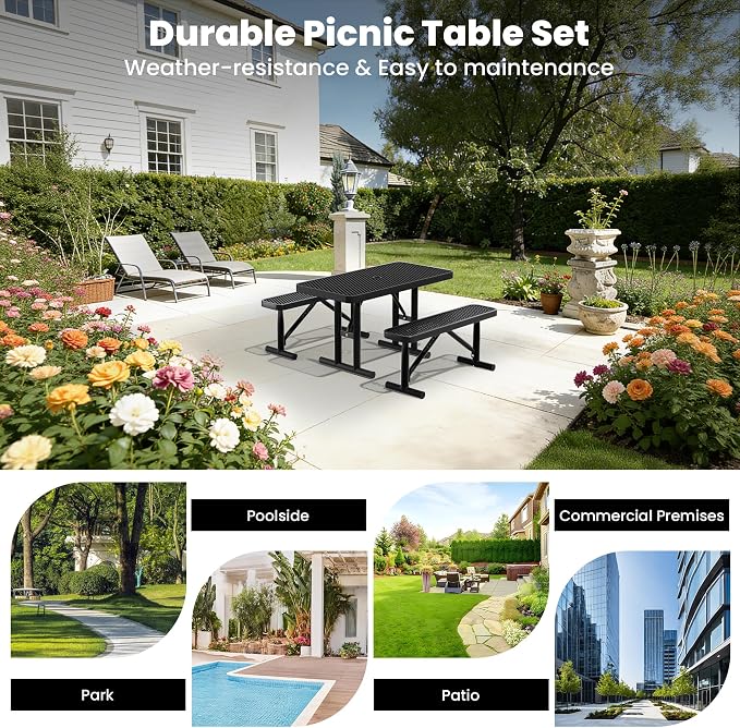 4FT Outdoor Metal Picnic Table with 2 Benches,Heavy Duty Rectangular Picnic Table Set for Outside, Waterproof Commercial Restaurant Table Furniture for Park, Campfield, Patio, Garden, Yard