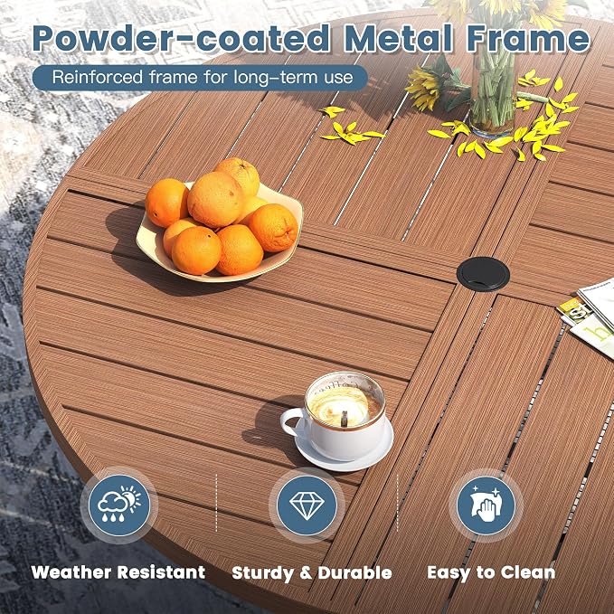 DIFY 9 Piece Outdoor Dining Set for 8, 53.1" Walnut Round Metal Dining Table with Umbrella Hole and Stackable Wicker Patio Chairs, All-Weather Patio Table and Chairs Set for Deck Garden Backyard