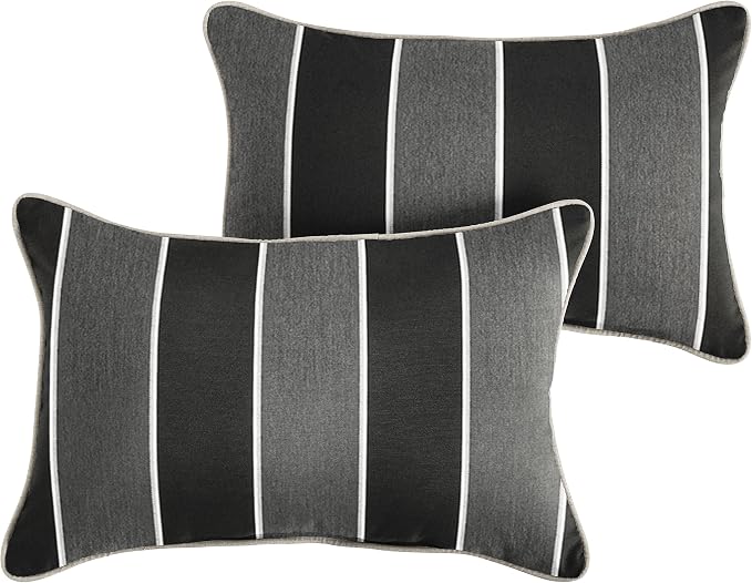 Mozaic Company AMPS112003 Indoor Outdoor SunbrellaLumbar Pillows with Corded Edges, Set of 212 x 18 Grey/Black Stripes & Silver Grey