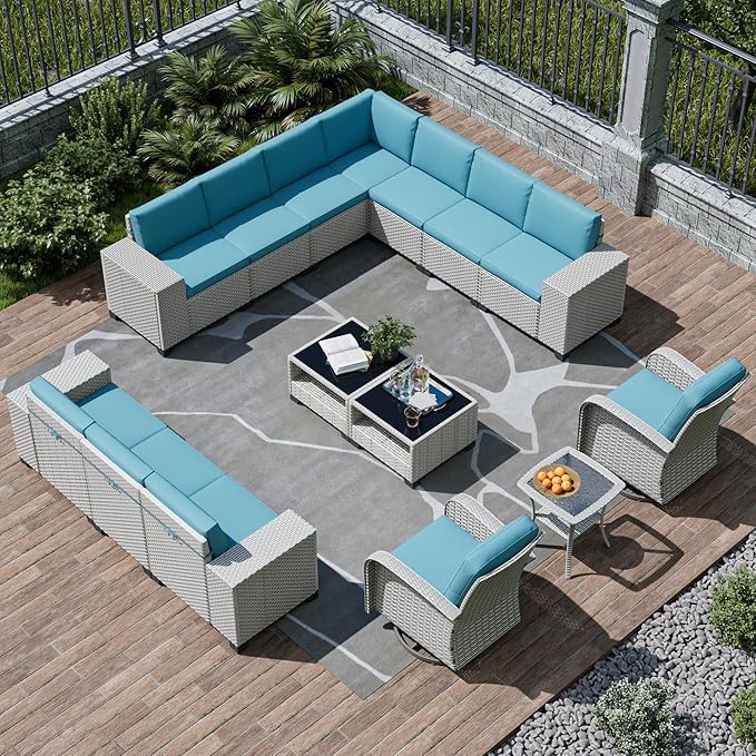 15-Piece Outdoor Patio Furniture Set, Modular Sectional Sofa Set with Swivel Rocker Chairs, Wicker Outdoor Couch Conversation Sets w/Coffee Table and Cushions, Turquoise