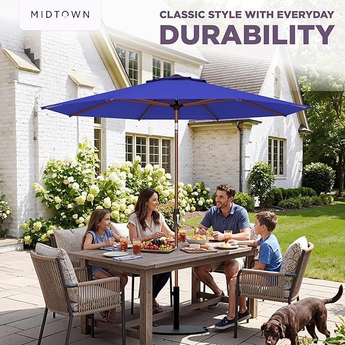 Midtown Umbrellas Wooden 2-8 Ft Patio Umbrella with 360° Swivel & Tilt Mechanism, 8 Fiberglass Ribs & Terylast Polyester Fabric for Deck, Pool, Garden & Porch - Midnight Canopy, Wooden Pole
