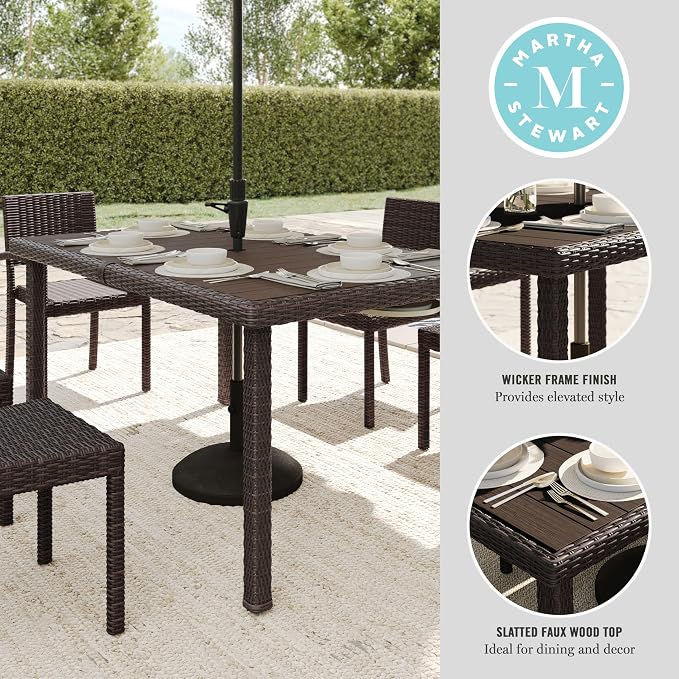 Martha Stewart Bedford 62" Indoor-Outdoor Patio Table with Faux Wood Top and Rattan Wicker Finish in Brown
