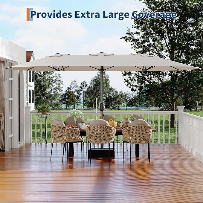 Garvee 15FT Rectangular Patio Umbrella with Base Included - Large Patio Umbrella with Crank Handle, UV Protection for Outdoor Market, Backyard, Pool - Beige
