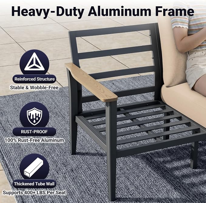 Aluminum Swivel Rocking Chairs, 3-Piece Outdoor Patio Furniture Set with Side Table, Rust-Proof Metal Gliders with Wood-Like Armrests & 5.1" Thick Cushions for Backyard, Porch, Khaki