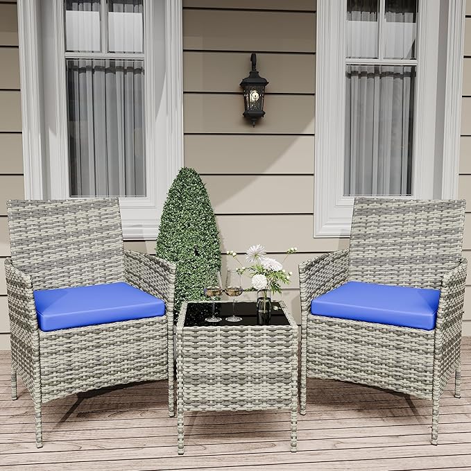 All-Weather PE Rattan Patio Bistro Set - 3 Piece Outdoor Conversation Furniture with 2 Chairs & Coffee Table - Compact Garden, Balcony, Porch Use - Grey or Black