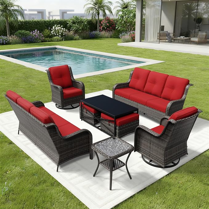 Joyside 8 Piece Wicker Patio Furniture Set, Outdoor Swivel Rocker Patio Chairs with High Back, Deep Seating, Wide Armrest, Thickened Cushions, Outdoor Furniture for Deck, Porch Use