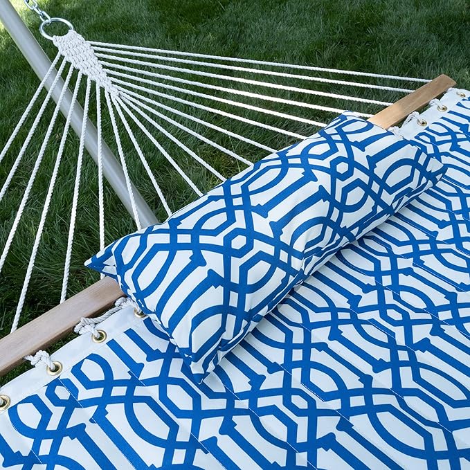 Castaway Living Large 2-Person Quilted Hammock with Stand & Pillow – Navy, 10 ft. L x 52 in. W, 350 lb Capacity, Weather-Resistant Polyester, Portable Space-Saving Frame
