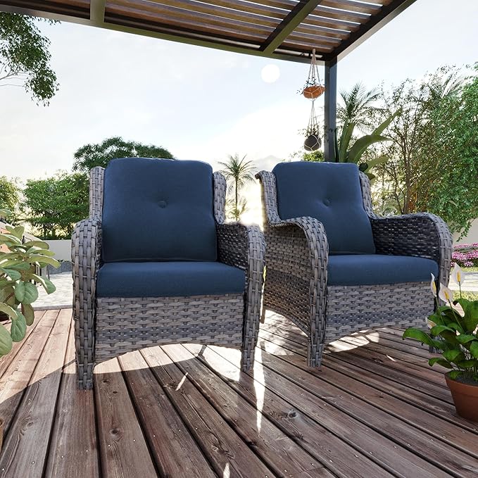 Outdoor Wicker Chair Rattan Patio Dining Chairs Set of 2 PE Wicker Patio Chairs with 3.5 inch Seat Cushions Outdoor Patio Seating Chair for Garden, Backyard Swimming Pool, Balcony, Blue