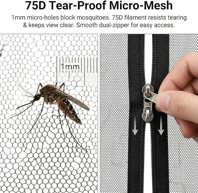 Mosquito Netting for Patio Umbrella 10x10 Ft Canopy Screen, Weather-Resistant 75D Polyester Mesh with TPU Water Pipe Base, Double Zipper Door for Backyard Dining, Black
