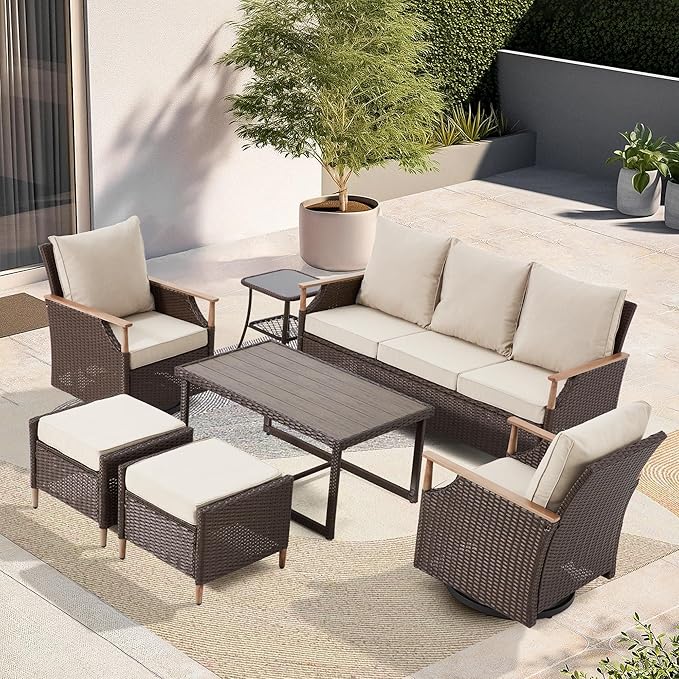 MELLCOM 7 Piece Patio Furniture Set Wicker Patio Conversation Set Rocking Bistro Set with 3 Seater Sofa, Coffee Table, Tempered Glass Side Table and 2 Ottoman, for Backyard Garden Patio(Beige, 7pcs)
