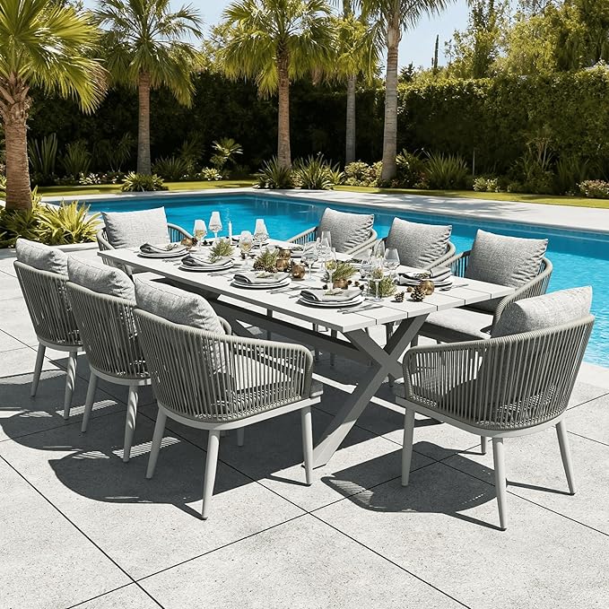 LayinSun 9 Pieces Outdoor Patio Dining Set, Aluminium Rectangular Dining Table and Wicker Rattan Chairs Set for Outside Backyard, Poolside