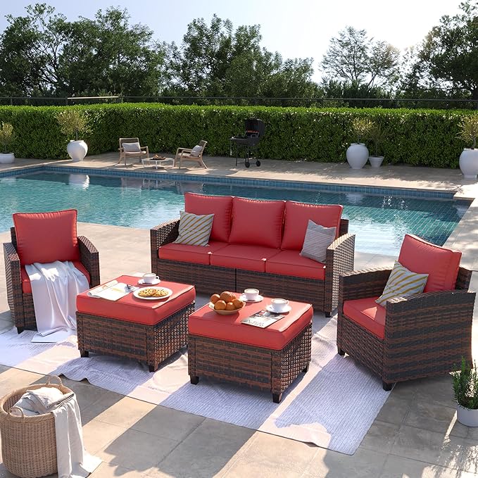 Patio Furniture Set, 5 Pieces Outdoor Sectional Couch with Chairs, Ottomans and Thick Cushions, All Weather Wicker Rattan Patio Conversation Set, Wine Red