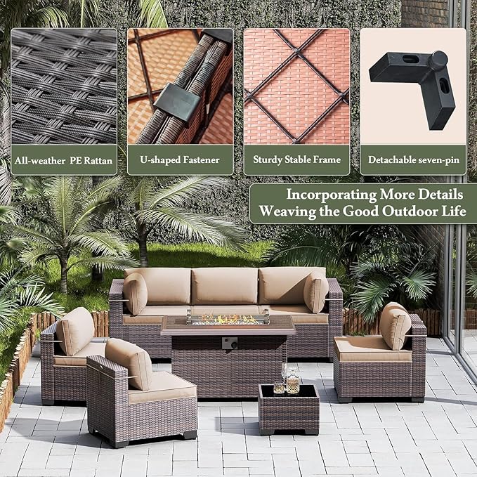 8 Pieces Outdoor Patio Furniture Set,Outdoor Sectional Furniture with 43" 55000 BTU Gas Propane Fire Pit Table,All Weather PE Rattan Wicker Patio Conversation Set,Sand
