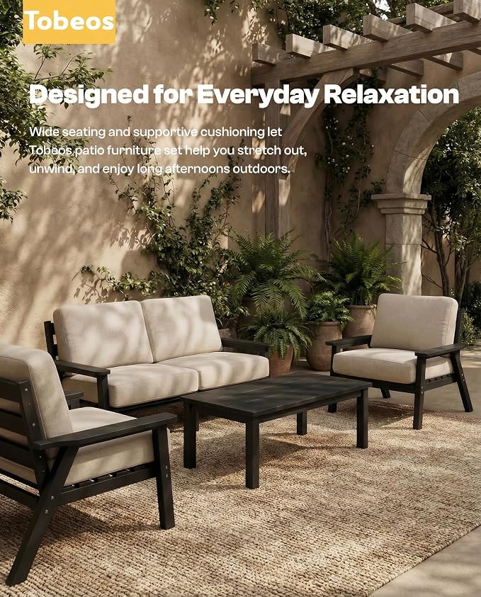 2 Piece HDPE Outdoor Furniture Set with Beige Cushions (Black Frame) | All-Weather HDPE, Modular Design, Extra-Deep Seating, Thick Cushions, Ideal for Backyard, Deck & Porch