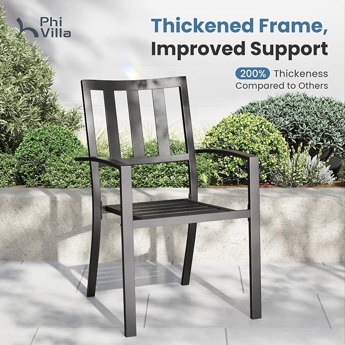 PHI VILLA 7 Piece, Outdoor Dining Set, 54" Round Table& Stackable Chairs | Wrought Iron Dining Table with Umbrella Hole & Stackable Steel Chairs, Patio Furniture Set for Patio, Deck, Yard, Porch