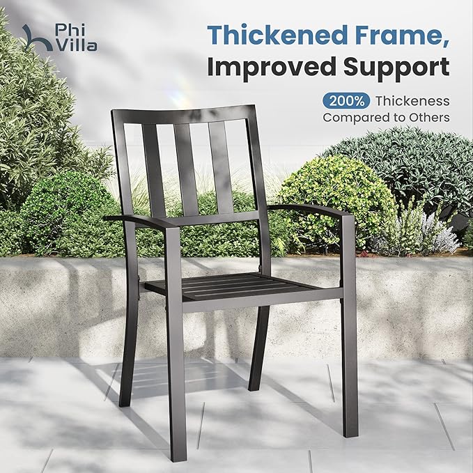 PHI VILLA 9 Pieces Outdoor Dining Set for 8, 83“ Rectangular Metal Table with Umbrella Hole & Stackable Black Wrought Iron Chairs, Large Outside Furniture for Patio, Deck, Yard, Porch