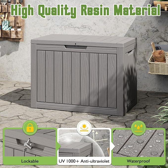 KAMABOKO 55 Gallon Outdoor Storage Box, All-Weather Resin Deck Box Outdoor Waterproof with Lockable Lid for Patio Cushions, Package Deliveries, Garden Tools, Pool Supplies, Grey