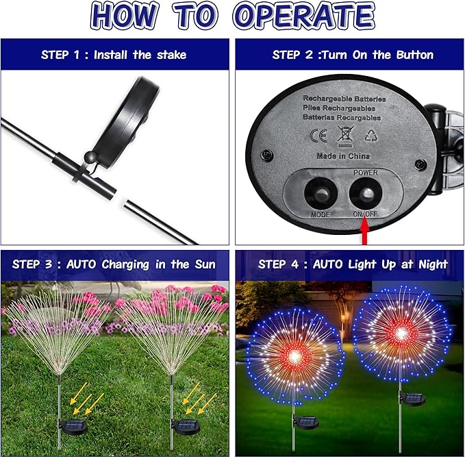 [Upgrade] 4th of July Decorations Outdoor Solar Lights, 2 Pack Solar Powered Firework Lights with 8 Modes Red White Blue LED Lights Patriotic Decorations for Memorial Day Presidents Day Veterans Day