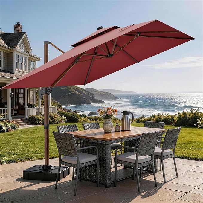 10x13FT Cantilever Outdoor Patio Umbrellas, Double Top Wood Pattern Rectangle Umbrella, Heavy Duty 360°Rotation Offset Umbrella for Garden Deck Pool Patio, Red