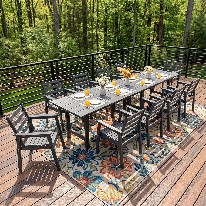 12-Piece Outdoor Dining Set, All-Weather HDPE Patio Furniture, Two 66.5" Slatted Table with 1.6" Umbrella Hole & 10 Ergonomic Armchairs, Heavy Duty 350lbs Capacity, UV Resistant, Gray