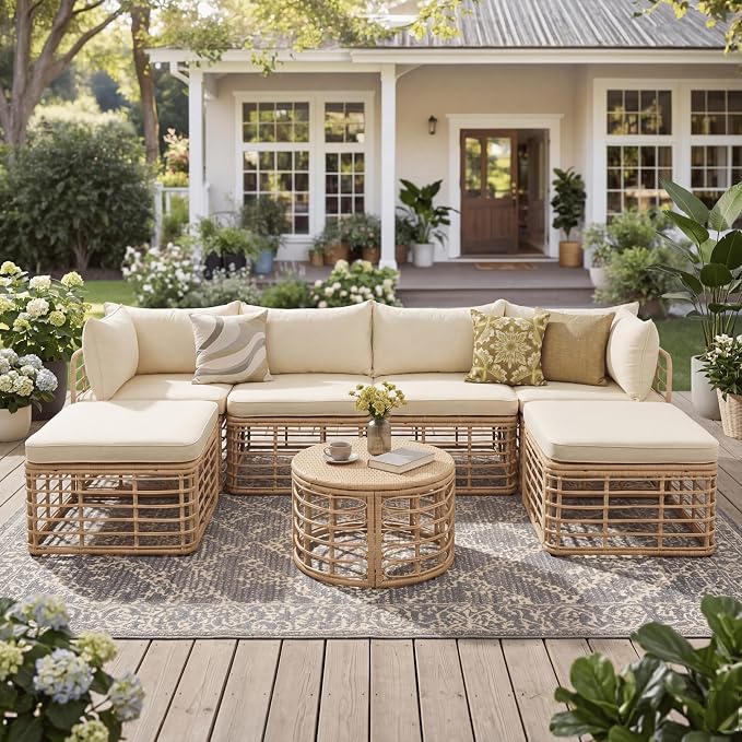 JIVOIT 7 Pieces Outdoor Patio Furniture Set, All-Weather Rattan Sectional Sofa Set with Thick Cushions and Pillows, Round Coffee Table, Freely Combined Conversation Sets for Garden, Backyard