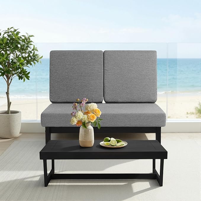 UIXE 2 Pieces All Weather Wood Patio Furniture Sets, Patio Loveseat Outdoor Sofa with Solid Wooden Coffee Table, Black Teak - Gray