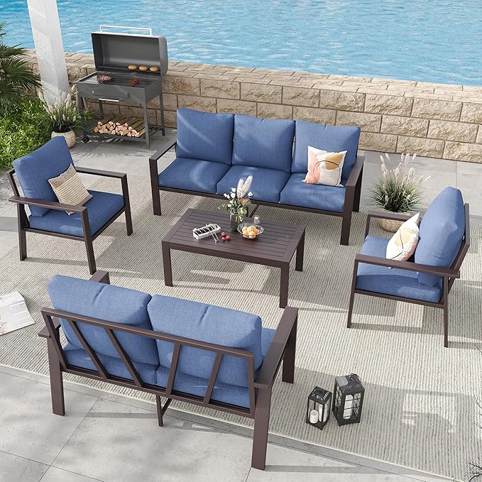 Aluminum Patio Conversation Set All-Weather Outdoor Furniture 5-Piece Sectional Sofa with 4" Cushions, Modular Patio Set for Porch Poolside Deck Yard