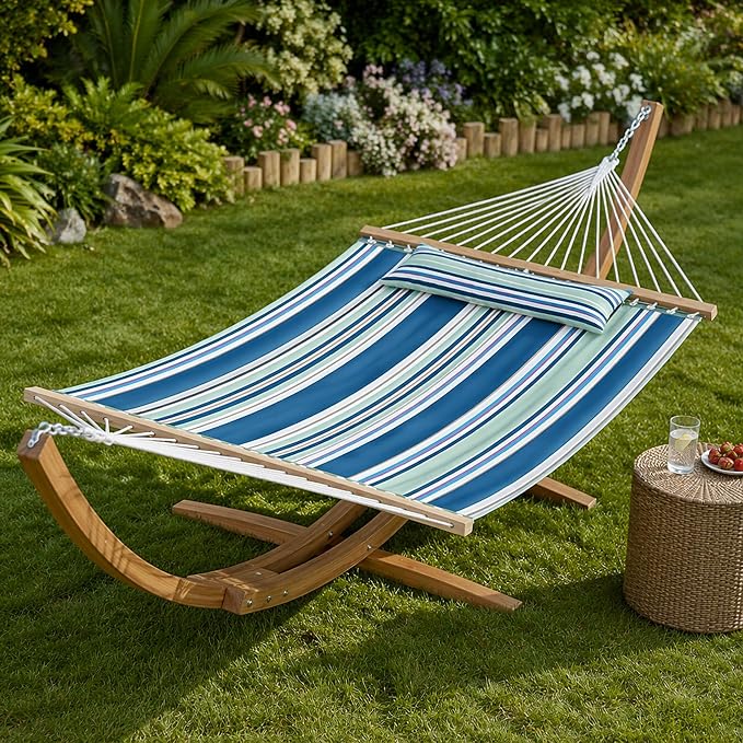 Outdoor Double Hammock with Pillow and Carry Bag, Colorful Stripes | Pure cotton breathable, fade-resistant fabric, 550 lbs Capacity