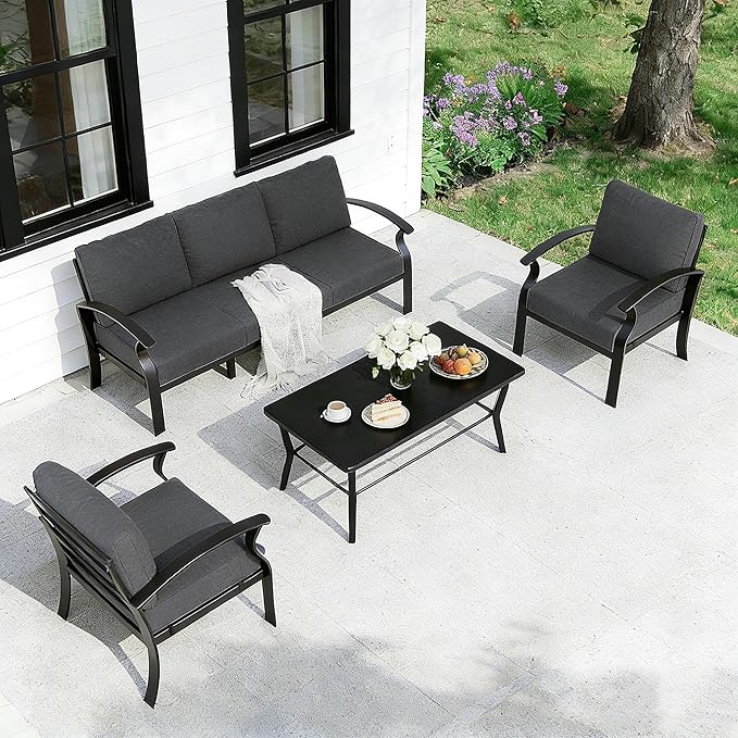 Gotland Aluminum Patio Furniture Set with Rectangular Coffee Table, Metal Patio Furniture with 5 Seats Waterproof 5.1'' Seat Cushions, Outdoor Sectional Patio Conversation Sets for Balcony Black