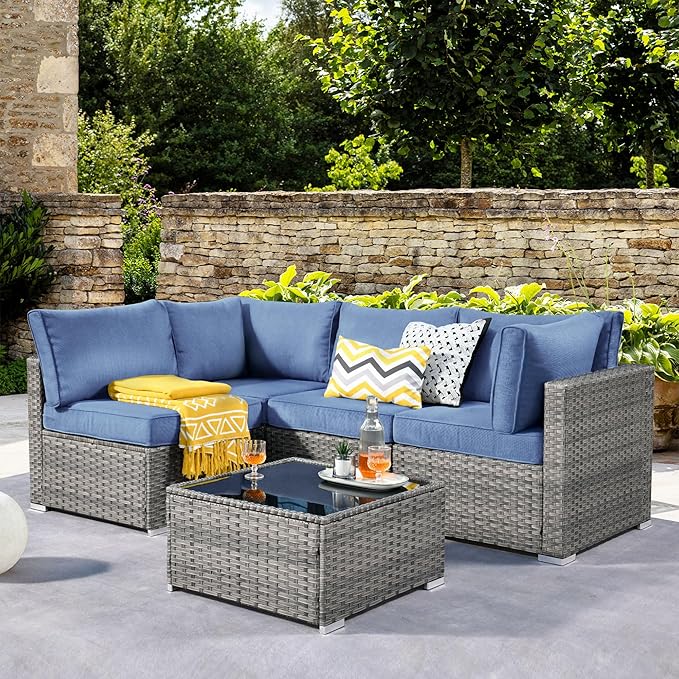 ovios Outdoor 5 Piece Coversation Set with Coffee Table,Sectional Patio Furniture Set with All-Weather Wicker Sofa,Modern Outside Couch for Balcony Backyard Pool, Blue