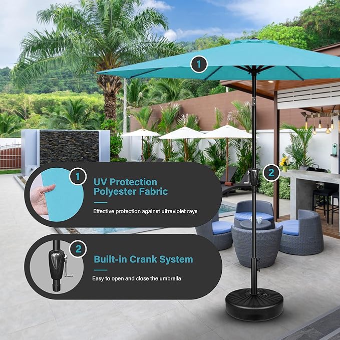 Simple Deluxe 9FT Outdoor Patio Umbrella Table Market Umbrella with Push Button Tilt and Crank, 8 Sturdy Ribs, UV Protection Waterproof for Garden, Lawn, Deck, Backyard, Pool,Turquoise