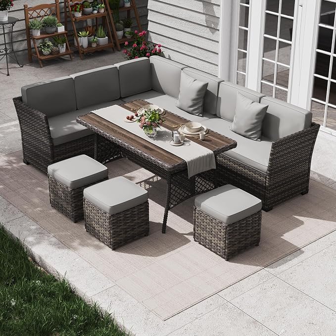 KIGOTY 7 Piece Patio Furniture Set, Outdoor PE Wicker Rattan Outdoor Dining Set, Patio Table and Chairs Set, Patio Conversation Sofa Set with Dining Table and Ottoman (Beige Black-Light Grey)