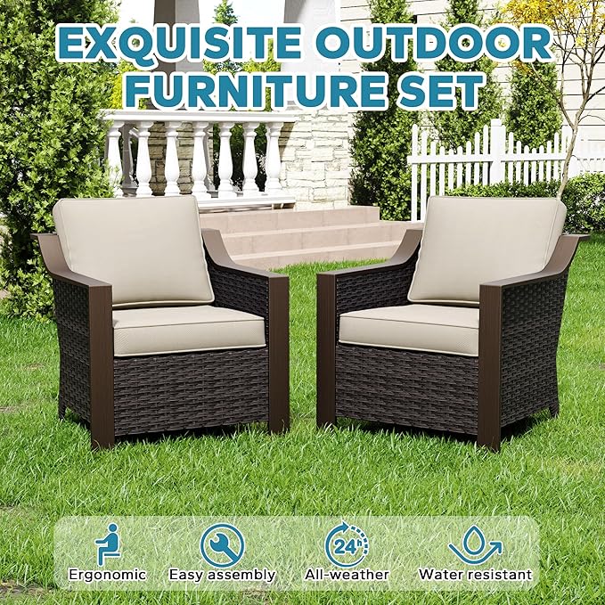 Patio Metal Armchairs Set of 2, Outdoor Conversation Furniture Set, Premium & Washable Cushions, Durable PE Rattan, Metal Armrests with Wood Grain, Backyard (Beige and Brown Stripe)