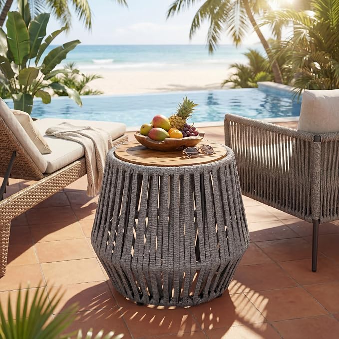 Outdoor Side End Table for Patio with Rope and Acacia Wood, Small Round Patio Table, Outside Boho Accent Table for Backyard Balcony Gazebo Party, Gray