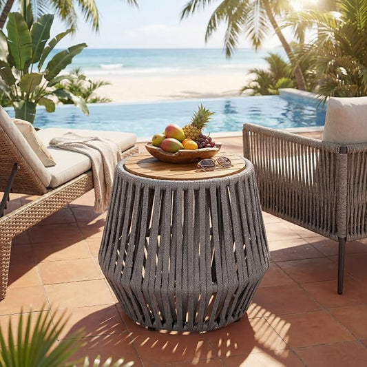Outdoor Side End Table for Patio with Rope and Acacia Wood, Small Round Patio Table, Outside Boho Accent Table for Backyard Balcony Gazebo Party, Gray
