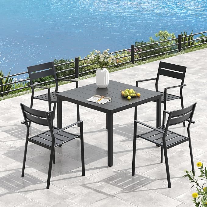 VICLLAX Square Patio Dining Table for 4, Outdoor Patio Table with Umbrella Hole for Garden Lawn Deck Backyard, Black Tabletop