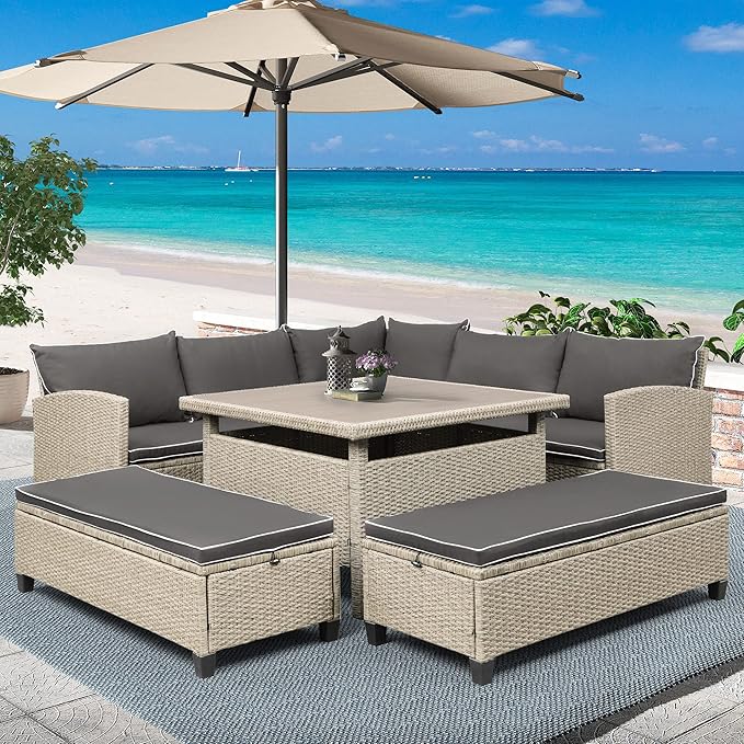 LUMISOL 6 Pieces Outdoor Patio Furniture Set, PE Rattan Wicker Sofa Set, Outdoor Sectional Sofa Set, Wicker Patio Conversation Set with Table and Benches for Lawn, Garden, Backyard (Brown)