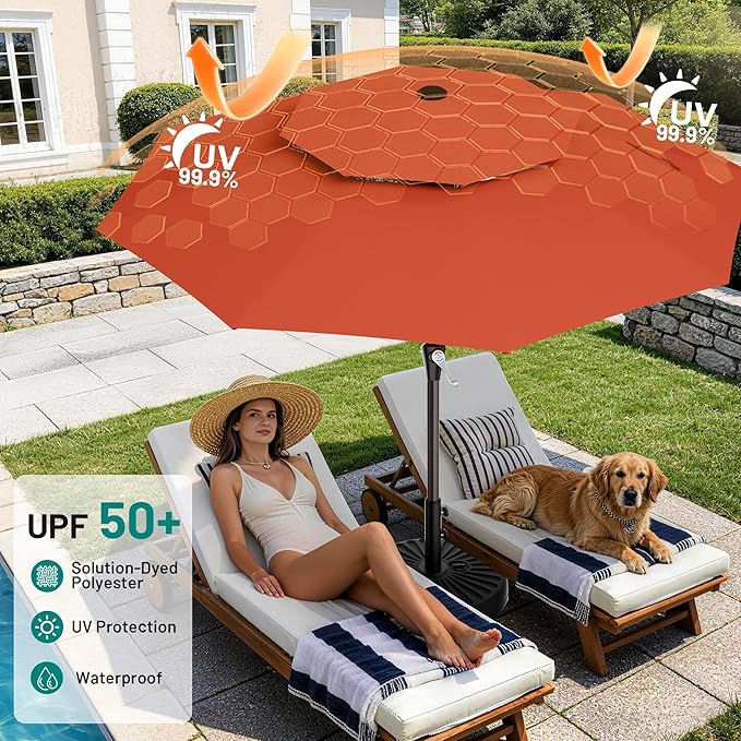 AreShark 9ft 2 Tiers Patio Umbrella - Outdoor Umbrella Waterproof UV Protection, Market Table Umbrella w/Push Button Tilt&Crank for Pool, Porch, Garden(Red)