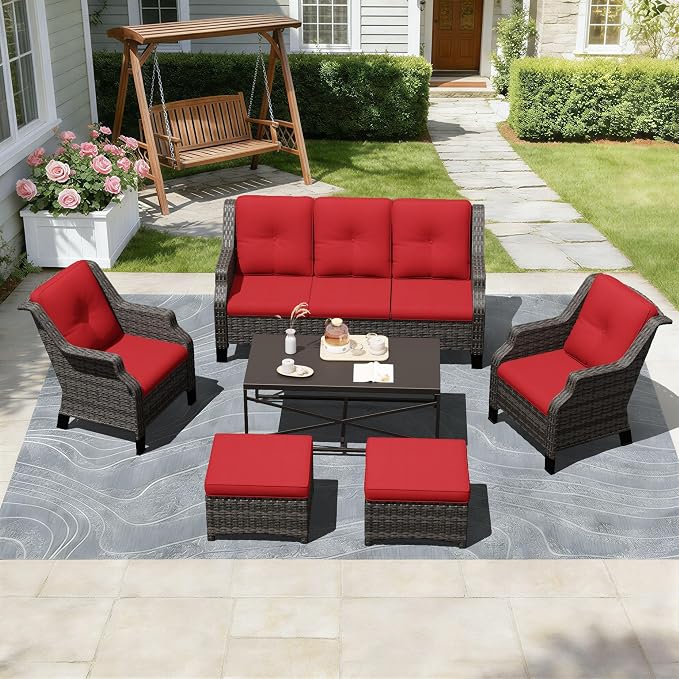 Outdoor Patio Furniture Set, 6 Piece Wicker Patio Furniture with Thick Cushions, Curved Armrest, Deep Seating, Rattan Outdoor Chairs for Porch, Deck, Balcony