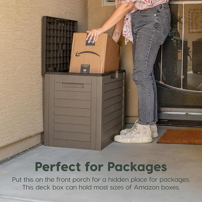 IRIS USA 35-Gallon Outdoor Deck Storage Box, Lockable & UV-Protected, Weather-Resistant Patio Storage for Cushions, Garden Tools & Packages, Waterproof Resin, Durable & Stylish Design - Brown