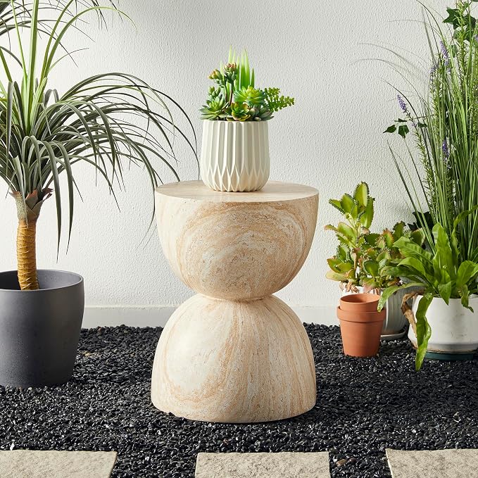 Glitzhome Outdoor Side Table, Round Small End Table with Terrazzo Finish MGO Hourglass Garden Stool, Set of 2 Lightweight Decorative Accent Table for Living Room Planter Stand Patio Backyard Porch