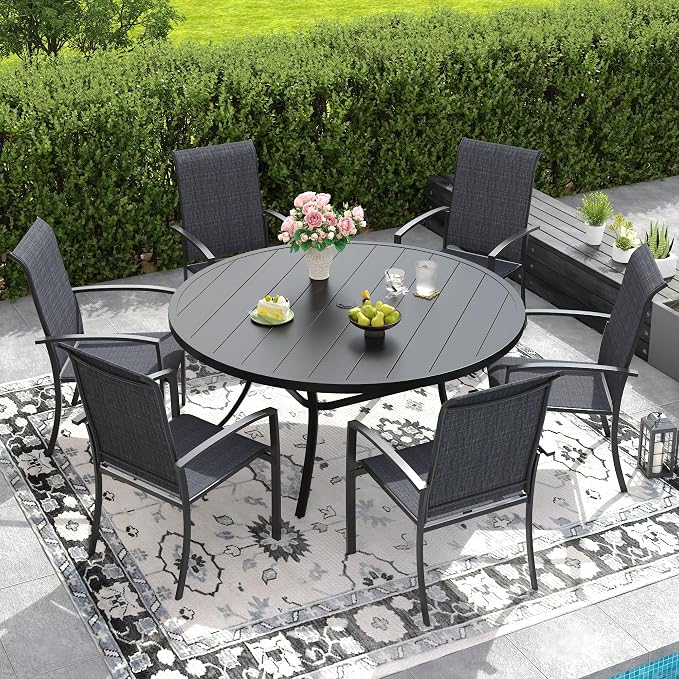 DIFY 7 Pieces Outdoor Dining Set for 6, 50" Round Dining Table with Umbrella Hole and Textilene Stackable Patio Chairs, Metal Patio Table and Chairs Set for Garden Backyard Poolside, Black