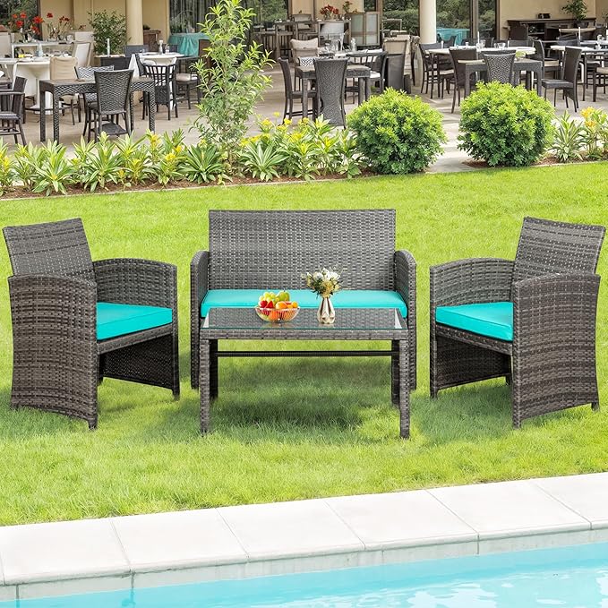 SUNLEI 4-Piece Outdoor Patio Furniture Set, Rattan Chair Wicker Conversation Set, Backyard Porch Garden Poolside Gray Rattan Sofa Set r with Cushion for Outdoor Indoor Use (Sky Blue)