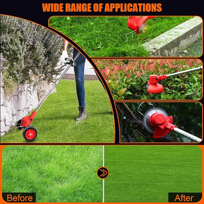 Electric Weed Wacker Cordless with Wheels, 2pcs Batteries&4 Types Blades,Lightweight, Low Noise Weed Trimmer 21V stringless Weed Wacker, Grass Trimmer/Brush Cutter/Edger, for Thick Weeds&Yard Garden