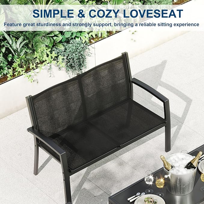 Garvee 4 Piece Patio Bistro Furniture Set, Outdoor Conversation Set with 3 Chairs, Loveseat & Glass Coffee Table, All-Weather Textilene Fabric & Steel Frame for Backyard, Poolside, Porch, Lawn - Black