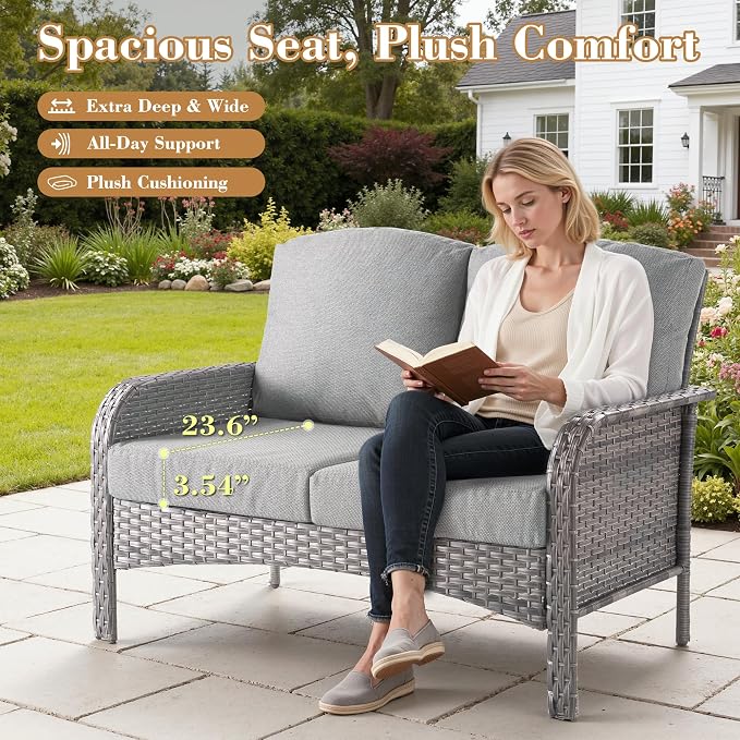 6 Pieces Patio Furniture Set, All-Weather Rattan Wicker Outdoor Furniture Loveseat Chairs with Coffee Table, High Back Conversation Set for Porch, Backyard, Balcony,Dark Grey