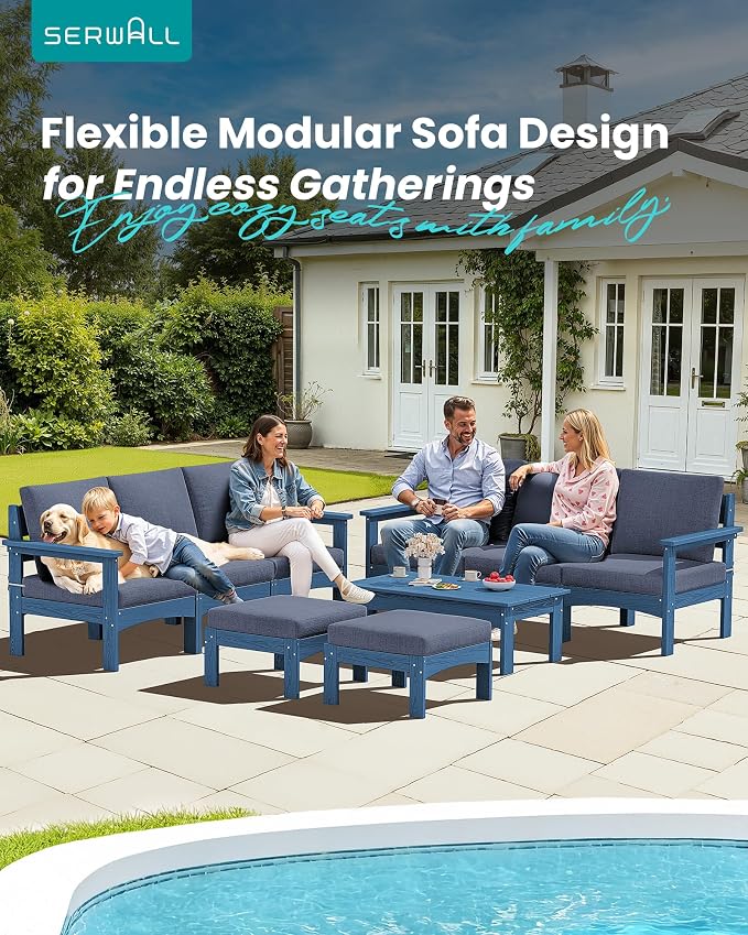 SERWALL 9 Pieces Patio Conversation Set, All-Weather HDPE Outdoor Sectional Sofas with Removable Cushions and Coffee Table, Extra-Large Modular Furniture Set for Backyard, Blue Frame with Grey Cushion