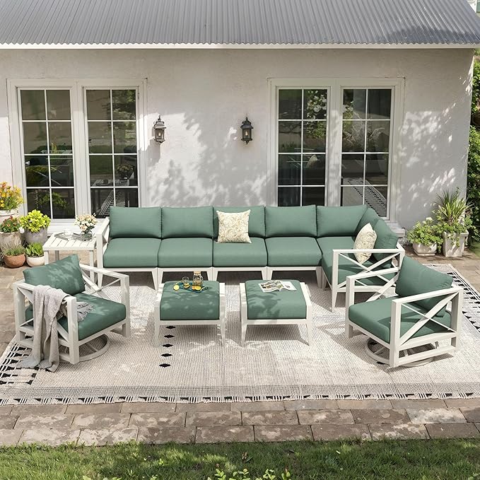 Aluminum Patio Furniture Set,8-Seats Patio Sectional Conversation Sofa with 5.2" All-Weather Cushions and 2 Swivel Rocking Chairs & 2 Ottomans,Outdoor Furniture Set(White)