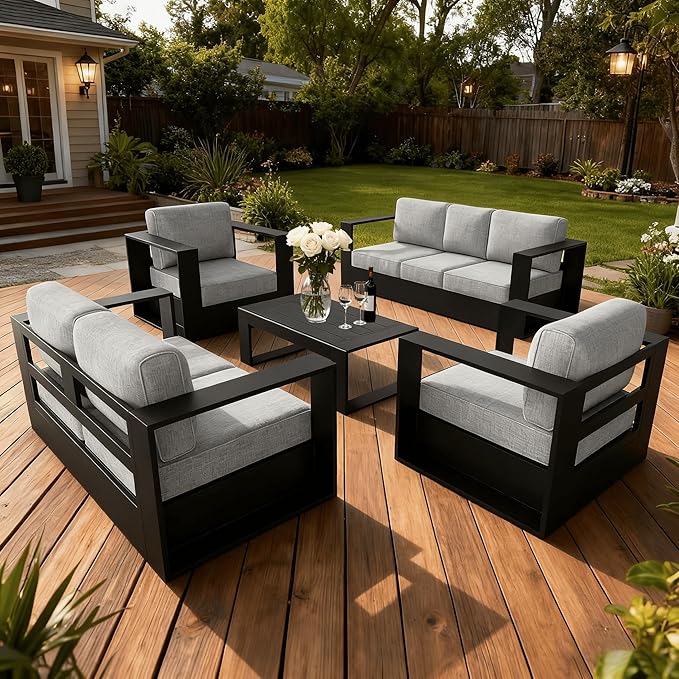 LayinSun Oversized Aluminum Outdoor Furniture Set, 5 Piece Patio Sofa Sets with Coffee Table, Deep Seating and Upgraded 6-inch Cushions for Porch, Balcony, Deck