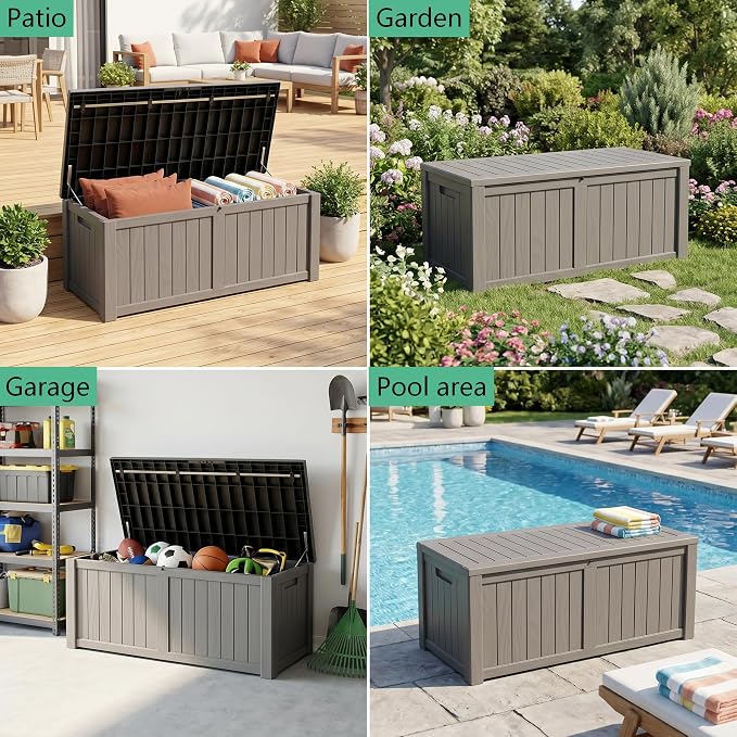 148 Gallon Resin Deck Box - Outdoor Storage Chest for Patio Furniture Cushions, Garden Tools, Pool Accessories & Backyard Organization Lockable Waterproof All-Weather Wood Grain Design, Easy Assembly